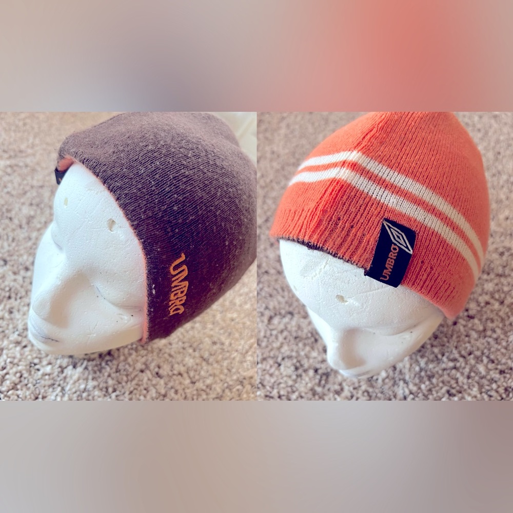 Umbro reversible Knit beanie Hat Orange Brown Logo Uncuffed Rib Unisex stretch